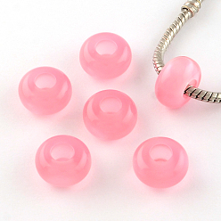 Rose Nacré Résine des yeux de chat imitation perles européennes, perles de rondelle avec grand trou , perle rose, 13~14x7~7.5mm, Trou: 5mm