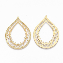 Golden 304 Stainless Steel Filigree Pendants, Textured, teardrop, with Lace, Golden, 46x33.5x0.5mm, Hole: 1.5mm