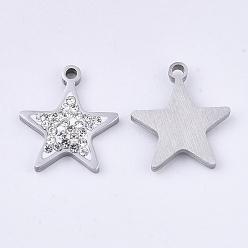 Stainless Steel Color 201 Stainless Steel Pendants, with Polymer Clay Crystal Rhinestone, Star Shape, Stainless Steel Color, 17x15x3mm, Hole: 1.6mm