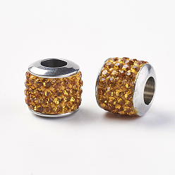 Topaz 304 Stainless Steel European Beads, with Grade A Rhinestone, Large Hole Beads, Barrel, Topaz, 10x9.5mm, Hole: 5mm