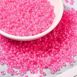 Hot Pink 8/0 Transparent Glass Seed Beads, Inside Colours, Round Hole, Round, Hot Pink, 3~3.5x2mm, Hole: 1~1.2mm, about 450g/bag