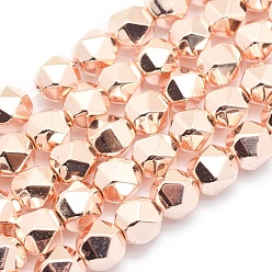 Rose Gold Plated Electroplate Non-magnetic Synthetic Hematite Beads Strands, Star Cut Round Beads, Grade AA, Long-Lasting Plated, Faceted, Light Rose Gold Plated, 8x7mm, Hole: 1mm, about 49pcs/strand, 15.7 inch(40cm)