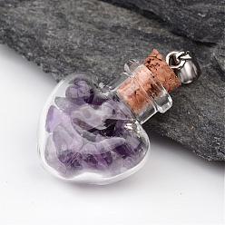 Amethyst Heart Glass Bottle with Amethyst inside Pendants, with 304 Stainless Steel Findings, 31x22x11mm, Hole: 7x4mm