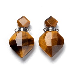 Tiger Eye Natural Tiger Eye Perfume Bottle Pendants, with Platinum Brass Findings, Faceted, Rhombus, 27mm, Hole: 1.4mm