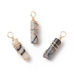Netstone Natural Netstone Pendants, with Golden Tone Copper Wire Wrapped, Column Charm, 18.5~20x5~5.5mm, Hole: 2.5mm