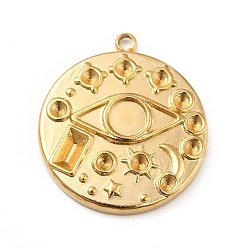 Real 18K Gold Plated Ion Plating(IP) 304 Stainless Steel Pendant Rhinestone Settings, Pendant Cabochon Settings, Flat Round with Eye, Real 18K Gold Plated, Tray: 4mm, Fit for 1.6mm Rhinestone, 20.5x18x2.5mm, Hole: 1.5mm