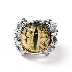 Yellow Dragon Eye Glass Wide Band Rings for Men, Punk Alloy Dragon Claw Open Ring, Antique Silver, Yellow, US Size 8(18.1mm)