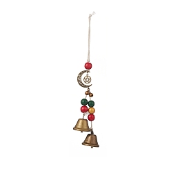 Colorido Adornos colgantes con cuentas de madera de schima con tema navideño, campanas de viento de campana de hierro con luna y estrella de aleación, colorido, 290 mm