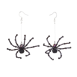 Black Glass Seed Braided Spider Long Dangle Earrings, 304 Stainless Steel Halloween Jewelry for Women, Black, 86mm, Pin: 0.7mm