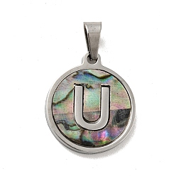 Letter U 304 Stainless Steel with Paua Shell Pendants, Stainless Steel Color, Flat Round with Letter Charm, Letter.U, 18x16x1.5mm, Hole: 3x6mm
