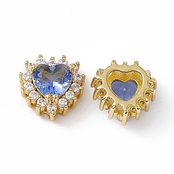 Cornflower Blue Rack Plating Brass Micro Pave Cubic Zirconia Beads, with Glass, Real 18K Gold Plated, Long-Lasting Plated, Cadmium Free & Nickel Free & Lead Free, Heart, Cornflower Blue, 10.5x10.5x6mm, Hole: 1.2~3.5x1.2~1.4mm
