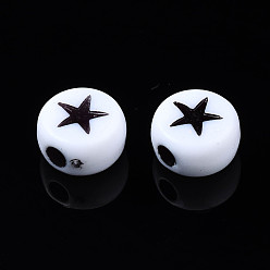 White Opaque Acrylic Beads, Flat Round with Star, White, 7x4mm, Hole: 1.8mm, about 3677pcs/500g