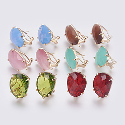 Mixed Color Faceted Glass Stud Earring Findings, with Loop, Light Gold Plated Brass Findings, Oval, Mixed Color, 20x15.5x6~6.5mm, Hole: 1.2mm, Pin: 0.7mm