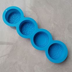 Deep Sky Blue DIY Soap Silicone Molds, for Handmade Soap Making, Flat Round with Floral Pattern, 4 Cavities, Deep Sky Blue, 325x91x30mm, Inner Diameter: 68x27mm
