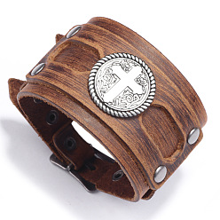 Brown Leather Cord Bracelet with Alloy Cross, Gothic Wide Wristband for Men Women, Brown, 10-7/8 inch(27.5cm)