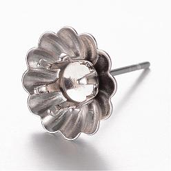 Stainless Steel Color 201 Stainless Steel Stud Earring Settings, with 304 Stainless Steel Pins, Flower, Stainless Steel Color, Tray: 4mm, 10x1mm, Pin: 0.7mm