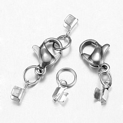 Stainless Steel Color 304 Stainless Steel Lobster Claw Clasps, with Cord Ends, Stainless Steel Color, 34mm