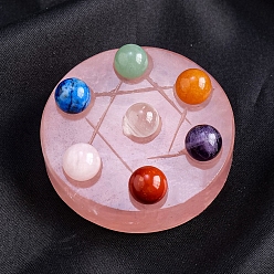 Rose Quartz Natural Rose Quartz Seven Star Array Plate, Reiki Energy Stone Display Decoration, for Healing Meditation, Flat Round, 55~60mm