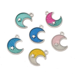 Mixed Color Alloy Enamel Pendants, with Glitter Powder, Moon with Star Charm, Platinum, Mixed Color, 18x14.5x1.5mm, Hole: 2mm