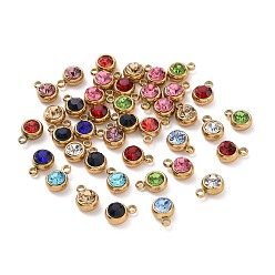 Mixed Color 304 Stainless Steel Charms, with Acrylic Rhinestone, Birthstone Charms, Faceted, Flat Round, Golden, Mixed Color, 8.2x6x3.5mm, Hole: 1.2mm