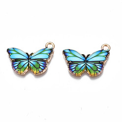 Dark Turquoise Printed Alloy Pendants, Cadmium Free & Nickel Free & Lead Free, Light Gold, Butterfly, Dark Turquoise, 15x20x1.5mm, Hole: 1.8mm