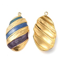 Dark Slate Blue Enamel Pendants, with 304 Stainless Steel Finding, Real 18K Gold Plated, Oval Charm, Dark Slate Blue, 26.5x14.5x4mm, Hole: 1.4mm