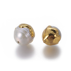 Golden Natural Cultured Freshwater Pearl Beads, with Brass Findings, Oval, Golden, 11.5~14x12~17mm, Hole: 0.8mm