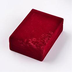 Rouge Boîtes de collier de velours rectangle, boîtes à bijoux, motif de fleur, rouge, 10.1x7.1x3.6 cm