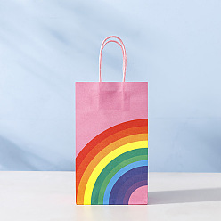 Pink Sacs en papier kraft à motif arc-en-ciel, avec une poignée, sacs-cadeaux, sacs à provisions, rectangle, rose, 13x8x22 cm