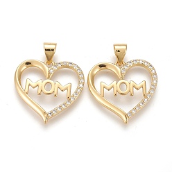 Golden Brass Micro Pave Clear Cubic Zirconia Pendants, Long-Lasting Plated, with Snap On Bails, for Mother's Day, Heart with Word Mom, Golden, 18.5x19x2mm, Hole: 4.5~3.5mm