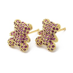 Púrpura Aretes con oso de circonita cúbica, joyas de latón chapado en oro real 18k, sin plomo y cadmio, púrpura, 12.5x10 mm