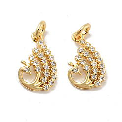 Golden Peacock Brass Micro Pave Clear Cubic Zirconia Charms, with Jump Ring, Cadmium Free & Lead Free, Golden, 14.5x10x1.8mm, Hole: 3mm