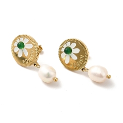 Golden Daisy with Natural Pearl Dangle Stud Earrings, Ion Plating(IP)304 Stainless Steel Drop Earrings for Women, Golden, 28mm, Pin: 0.8mm