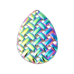 Rainbow Color Ion Plating(IP) 304 Stainless Steel Pendants, Braided Texture Teardrop Charms, Rainbow Color, 41.5x29.5x2.5mm, Hole: 1.8mm