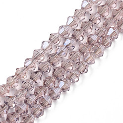 Violet Electroplate Transparent Glass Beads Strands, Faceted, Bicone, Violet, 4x4.5mm, Hole: 0.9mm, about 84~109Pcs/strand, 12.6~21.26 inch(32~54cm)