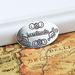 Antique Silver Alloy Connector Charms, Oval with Word handmade, Antique Silver, 19x32x1mm, Hole: 2mm