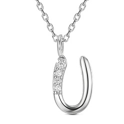 Letter U SHEGRACE Rhodium Plated 925 Sterling Silver Initial Pendant Necklaces, with Grade AAA Cubic Zirconia and Cable Chains, Platinum, Letter.U, 15.74 inch(40cm)