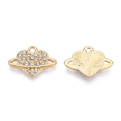 Light Gold Colgantes de la aleación, con diamantes de imitación de cristal, sin plomo y cadmio, corazón, la luz de oro, 14x20x2 mm, agujero: 1.8 mm