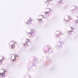 Pink Chapelets de perles en verre transparentes  , perles percées, de couleur plaquée ab , larme à facettes, rose, larme: 9.5x8 mm, Trou: 0.8mm, perles: 3~4x2.5~3.5 mm, Environ 100 pcs/chapelet, 23.62 pouce (60 cm)