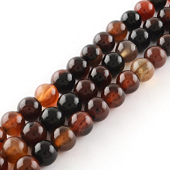 Chocolate Dyed Natural Striped Agate/Banded Agate Round Bead Strands, Chocolate, 8mm, Hole: 1mm, about 48pcs/strand, 14.9 inch