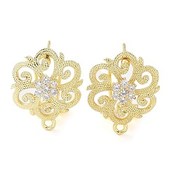 Real 18K Gold Plated Flower Brass Micro Pave Cubic Zirconia Stud Earrings Finding, with Horizontal Loops, Cadmium Free & Lead Free, Real 18K Gold Plated, 18x15mm, Hole: 1.2mm, Pin: 0.8mm