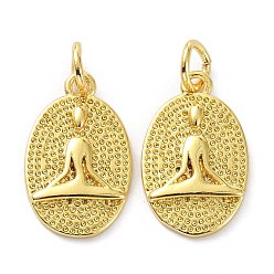 Real 18K Gold Plated Brass Pendants, with Jump Ring, Long-Lasting Plated, Textured, Oval with Yoga Human, Real 18K Gold Plated, 16x10x2mm, Hole: 3mm