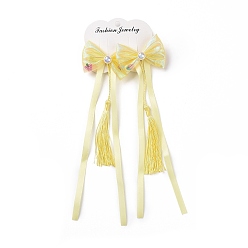 Amarillo Pinza de pelo de cocodrilo de cinta larga bowknot, con borlas de colores al azar, accesorios para el cabello hanfu para regalos de niñas adolescentes, amarillo, 213~220x57~60x15~16 mm, 2 unidades / tarjeta
