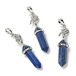 Lapis Lazuli Gros pendentifs pointus à double terminaison en lapis-lazuli naturel, avec les accessoires en laiton de tonalité de platine, sans cadmium et sans plomb, lune avec fée et balle, facette, teint, 62~66mm
