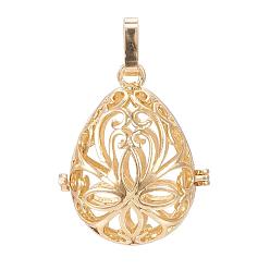 Light Gold Rack Plating Brass Cage Pendants, For Chime Ball Pendant Necklaces Making, Hollow Teardrop with Flower, Light Gold, 34x27x22mm, Hole: 3mm, inner measure: 24x18mm