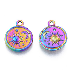 Rainbow Color Ion Plating(IP) 201 Stainless Steel Pendants, Flat Round with Sun & Moon, Rainbow Color, 19x15.5x2.5mm, Hole: 2mm