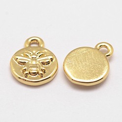Real 18K Gold Plated Brass Charms, Cadmium Free & Nickel Free & Lead Free, Flat Round with Bee, Real 18K Gold Plated, 10x8x1.5mm, Hole: 1mm