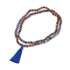 Bleu Collier bouddhiste en jaspe bleu naturel et bois, collier lariat pompon en polyester pour femme, bleu, 40.94 pouce (104 cm)