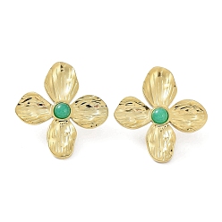 White Jade Dyed Natural White Jade Flower Stud Earrings, Real 18K Gold Plated 304 Stainless Steel Earrings, 32.5x30mm