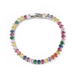 Colorful Cubic Zirconia Tennis Bracelet, Platinum Brass Teardrop Link Chain Bracelet for Women, Cadmium Free & Lead Free, Colorful, 7-1/8 inch(18.2cm)